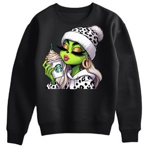 Lady Grinch drinking a mocha